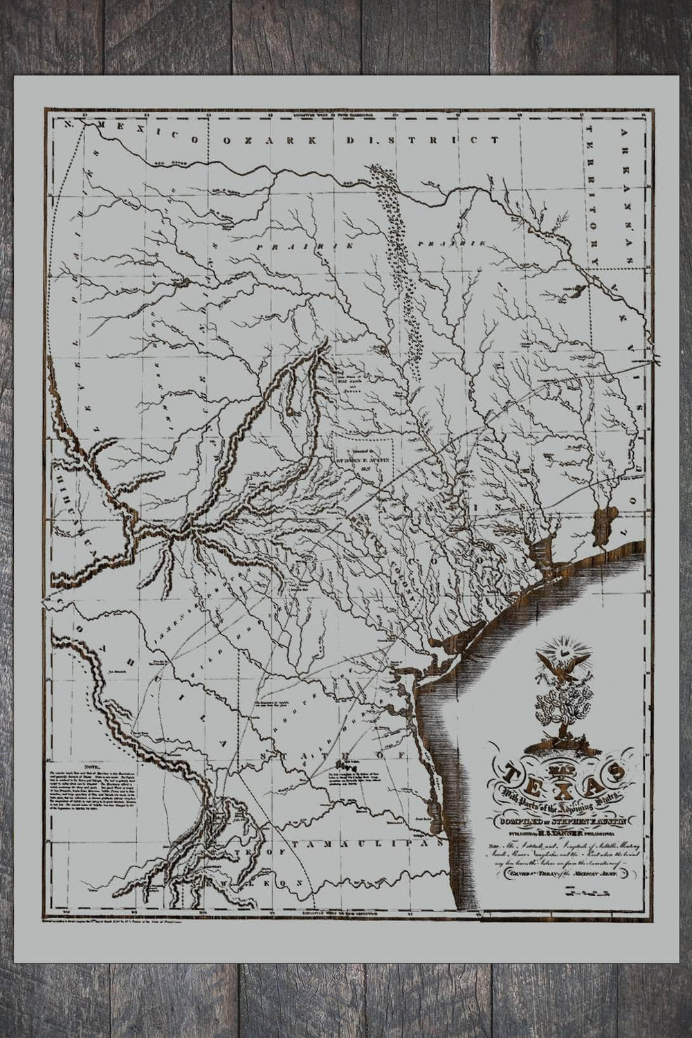 Map of Texas with Adjoining States 1830 - Fire & Pine