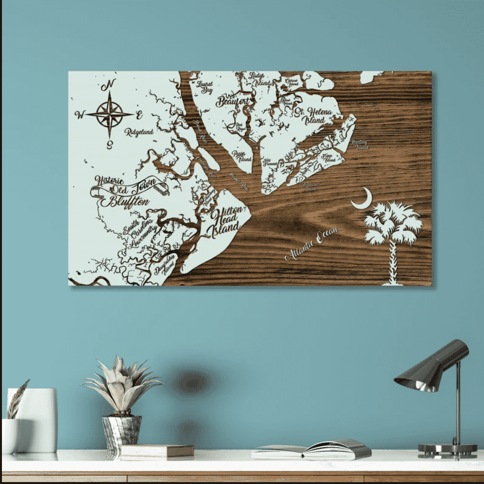 Wood Wall Art of Engraved map of the Lowcountry including Hilton Head Island, Bluffton Beaufort etc.